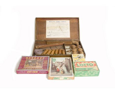 Various vintage wooden Jigsaws and Games, Mally's Table Bowls, in original wooden box, Jigsaws by Academy, Toys to Teach, Vic