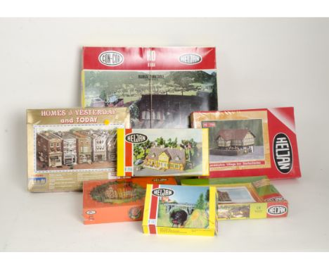 Unmade HO Scale Kit Buildings and Turntable by IHC and Heljan,  including nine 'Homes of Yesterday and Today' series kits, no