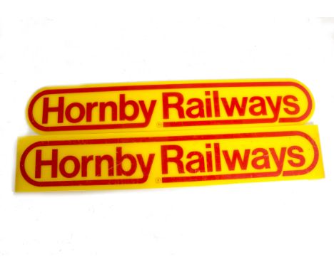 Hornby Railways Perspex Shop Display Signs, two yellow with red writing Hornby Railways,  probably came from a dealers displa