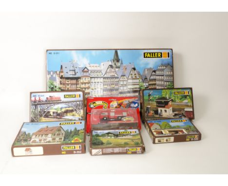 Unmade HO Scale Kit Buildings by Faller,  later issues in brown boxes, including B-911 town set, Gasworks 130472, gasometer13