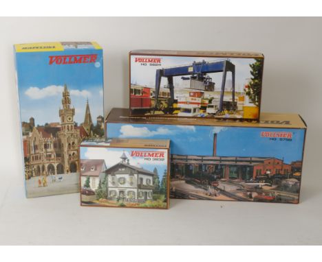 Unmade HO Scale Kit Buildings by Vollmer,  including engine sheds 5754 and 5758, Container crane 5624, Café 3770, car worksho