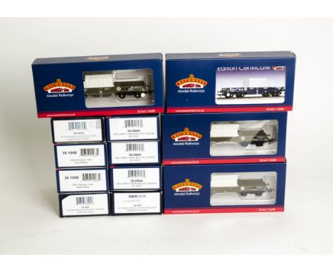 Bachmann OO Gauge Freight Stock, four PNA open wagons in Railtrack green, four 'Limpet' ZKA wagons in BR grey (one heavily we