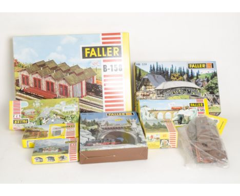 Unmade HO Scale Kit Buildings by Faller,  mostly earlier issues in red/white-striped yellow boxes, including B-158 loco sheds