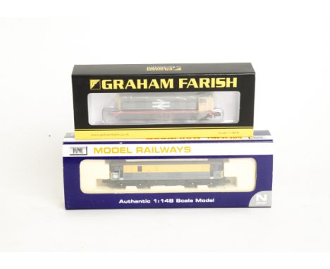 Graham Farish (Bachmann) and Dapol N Gauge Diesel Locomotives, Farish ref 371-034, a class 20 in Railfreight large logo grey/