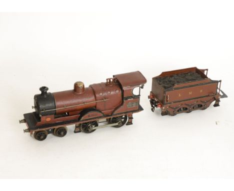 A Marklin O Gauge 3-rail LMS 4-4-0 Locomotive and Tender, ref E3120, with 4v DC motor and 6-wheeled tender, in LMS crimson-br