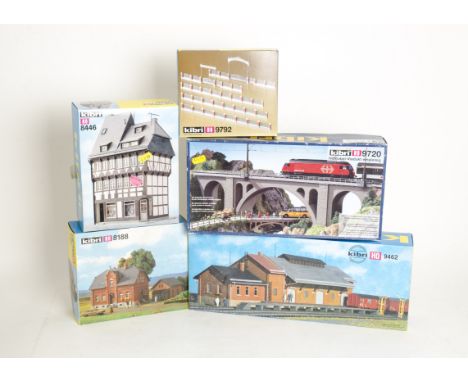 Unmade HO Scale Kit Buildings by Kibri,  stations ref 9363 and 9497, goods shed 9462, viadukts 9640/2/4 and 9720, church 5801