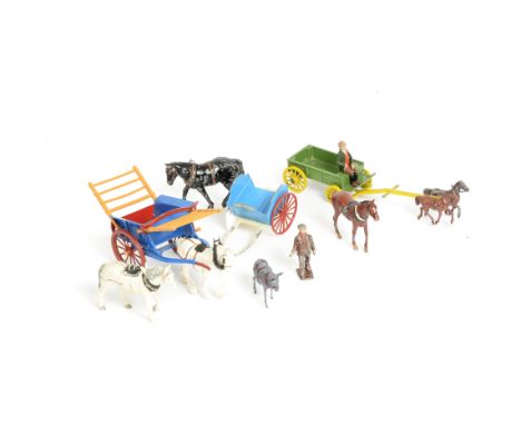 Large collection of Britains Crescent and Charbens Horse Drawn Farm Carts and Horses, 11 Farm Carts, Charbens Donkey Cart and