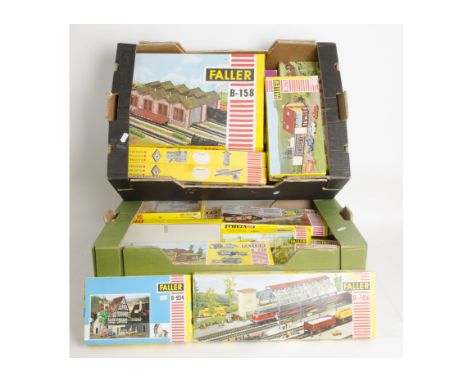 Unmade HO Scale Kit Buildings by Faller,  mostly earlier issues in red/white-striped yellow boxes, including 4961 castle, B-1