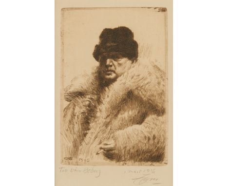 Anders Zorn (Swedish, 1860-1920). Etching on paper titled "Self-Portrait" depicting the artist dressed in luxurious furs smok
