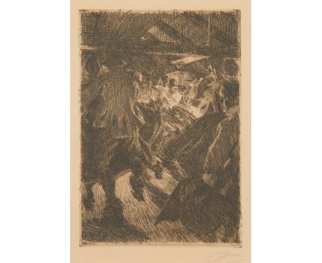 Anders Zorn (Swedish, 1860-1920). Etching on paper titled "Gopsmor Cottage" depicting multiple figures dancing in pairs in an