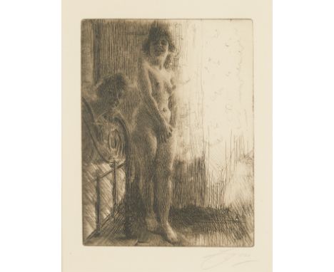 Anders Zorn (Swedish, 1860-1920). Etching on paper titled "A Dark Corner," alternatively titled "Models Near a Bed" or "Dunke