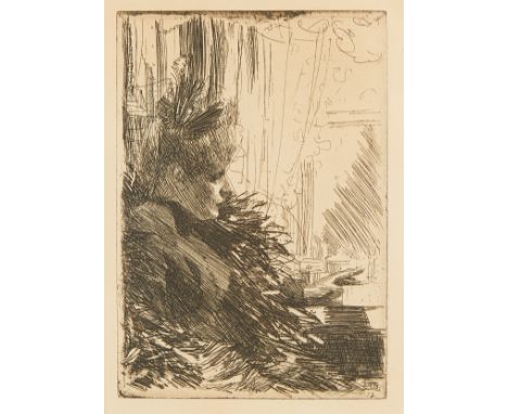Anders Zorn (Swedish, 1860-1920). Etching on paper titled "Gerda Gronberg II" depicting a woman in profile view sitting in an