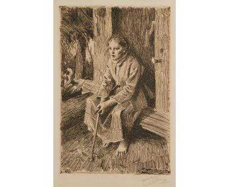 Anders Zorn (Swedish, 1860-1920). Etching on paper titled "Vallkulla," alternatively titled "Vallkullans Sondag," depicting a