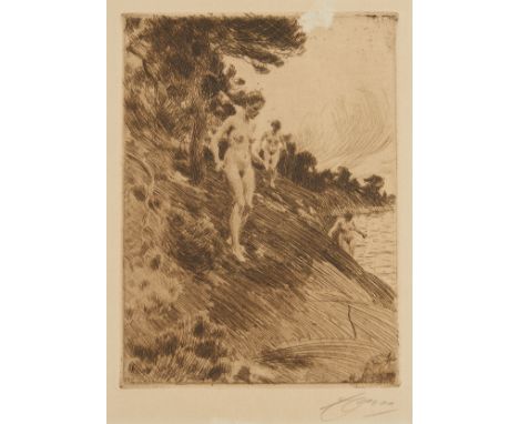 Anders Zorn (Swedish, 1860-1920). Etching on paper titled "Frightened" depicting three nude women walking down a hillside nea