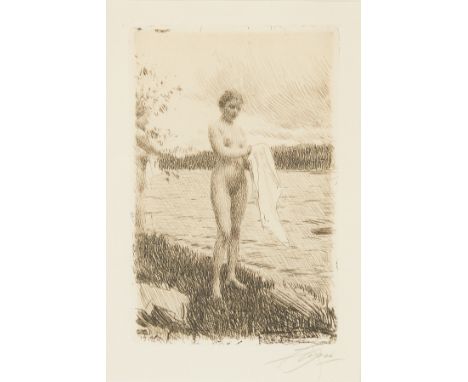Anders Zorn (Swedish, 1860-1920). Etching on paper titled "Dal River," alternatively titled "Dalalven," depicting a nude woma