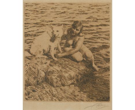 Anders Zorn (Swedish, 1860-1920). Etching on paper titled "Sappo" depicting a nude woman sitting on top of a rock next to a d
