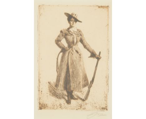 Anders Zorn (Swedish, 1860-1920). Etching on paper titled "Mrs. Thompson Seton" depicting a woman standing proud and posing w