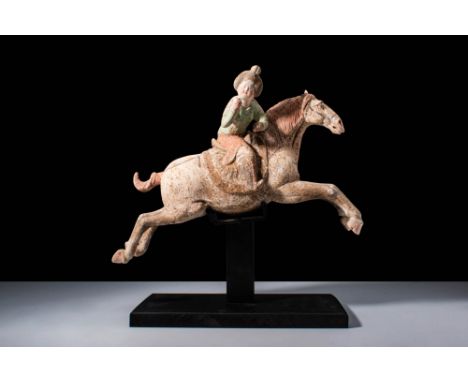 Tang Dynasty, Ca. AD 618-907.
An exceptional Chinese terracotta horse and rider. The horse is portrayed in a dynamic pose, wi