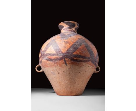 Machang phase, Ca. 2300-2000 BC.A painted pottery jar. The globular body has a narrow neck rising to a flared rim, with a tap