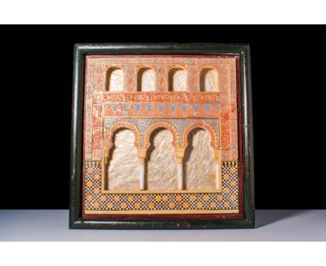 Ca. 18th - 19th century AD .An architectural model depicting a facade with a triple mihrab and four windows above, decorated 