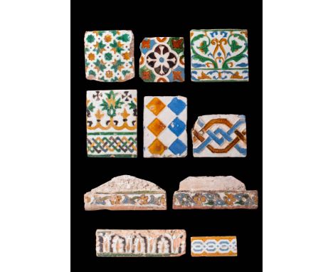 Ca. 16th century AD.A group of ten glazed arista ceramic tiles of square form, each with interlocking vegetal and floral desi