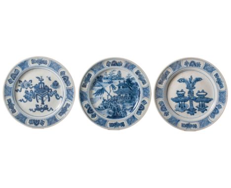 Ca. 19-20th century AD.
A group of three underglaze blue and white dishes. Two of them depict a scene of arranged various ant