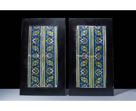 Ca. 17th century AD. A set of eight framed border tiles, each of rectangular form, underglaze painted in cobalt-blue, black, 