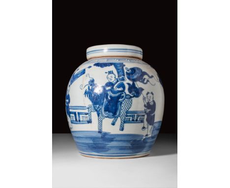 Ca. 19-20th century AD.
A porcelain ginger jar and cover, depicting the scene of a child riding a cow. This is a very auspici