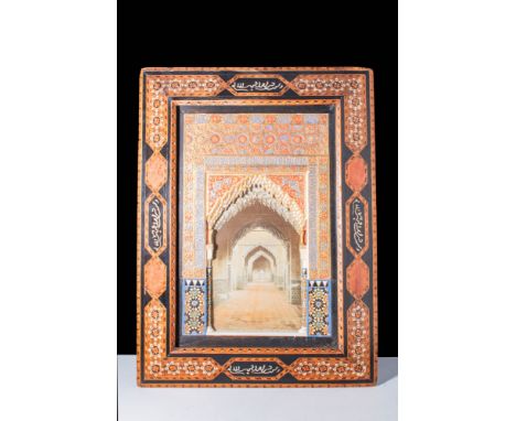 Ca. 19th century AD .A painted gesso architectural model of the Alhambra, Granada, of rectangular form, depicting a mihrab de