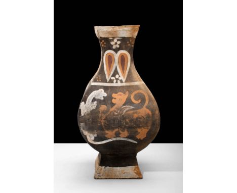 Han Dynasty, Ca. BC 202 - AD 220.
A terracotta Fang Hu vase. This ceremonial wine vessel was used as a burial object. The hu-