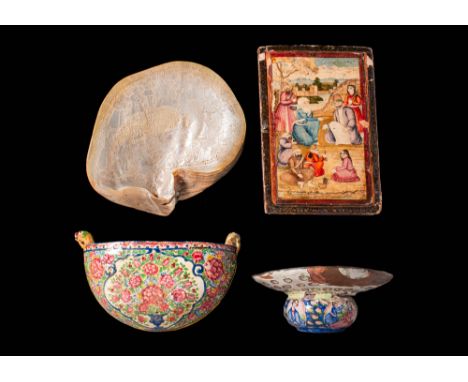 Ca. 19th century AD. A group comprising a Qajar or Turkish glazed pottery kashkul of hemispherical form, decorated with pink 