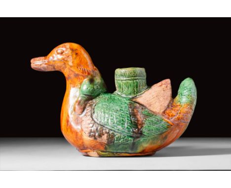 Qing Dynasty, Ca. AD 1644-1912.A sancai duck ewer. It is also known as Jiaozhi ware. The duck is modelled with a hollow beak 