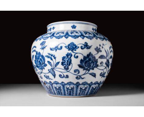 Xuande period, Ming Dynasty, Ca. AD 1426-1435.An outstanding blue and white jar featuring a gently tapered globular body deco