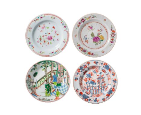 Ca. 19-20th century AD.
A group of four porcelain dishes, decorated in famille rose, famille verte and the Imari style respec