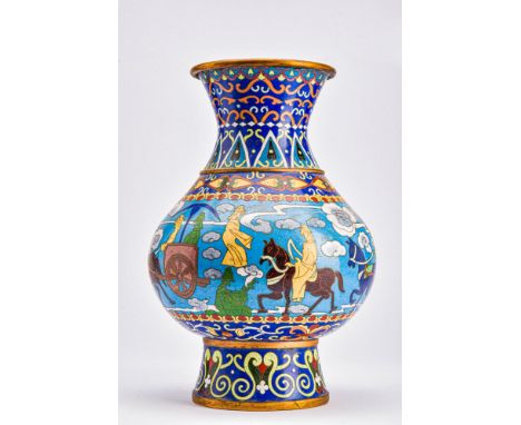 Ca. 20th Century AD.A cloisonné enamel hu-form vase with figures. The vase was possibly made for the Arab market as the figur