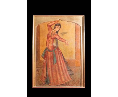 Ca. Late 18th - 19th century AD.An oil on canvas painting depicting a lady dancing in front of an open arched window, elegant