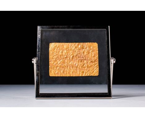 Ca. 14th century AD.
A gold plaquette of rectangular shape with slightly rounded corners. These plaquettes were produced by s