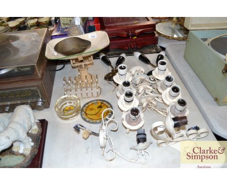 A set of cast iron kitchen scales complete with enamel pan and weights, other weights, light fittings, advertising ashtray et