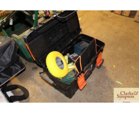 A wheeled toolbox to include lifting strap, chainsaw track, chain and quantity of hand tools to include large adjustable span