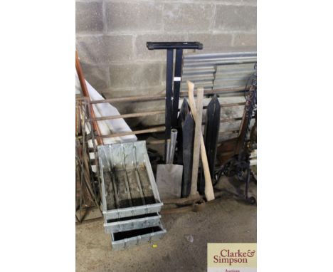 Three workshop parts bins; pick axe; met post; stand; tool heads etc