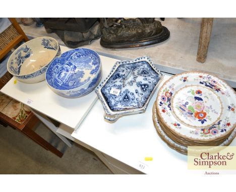 A Victorian blue and white tureen, various ironstone plates, a Copeland Spode Italian pattern fruit bowl and another