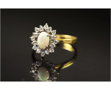 18ct Gold Diamond Dress Ring, Set With A Central Opal Surrounded By Round Cut Diamonds, Fully Hallmarked, Ring Size M