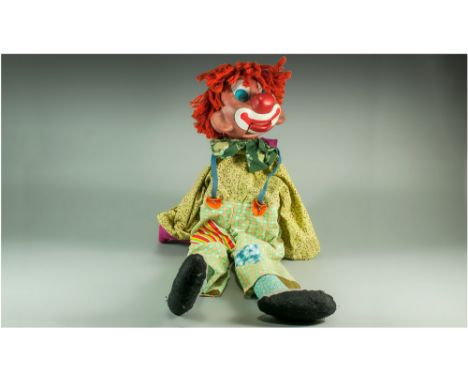 Clown Hand Puppet, plastic composition head with googly eyes and opening and closing mouth, worked by a metal and string feat