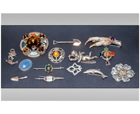 A Collection of Vintage Silver and White Metal Brooches. ( 13 ) In Total. Various Subjects and Sizes.