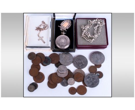 Mixed Lot Of Oddments Comprising Low Value Coins, Silver Chain, Ladies Fob Watch, Silver Fob Etc.