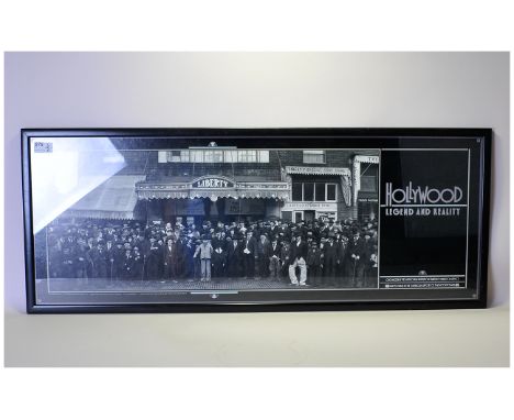 Hollywood Legend and Reality Framed Black and White Print featuring Charlie Chaplin outside 'Liberty'. 39 by 16 inches. Toget