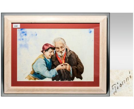 GIANNI 19thC Italian Framed Watercolour Of Typical Style Portrait Figures, Elderly Man Having A Pipe Lit By Boy, 12x18 Inches