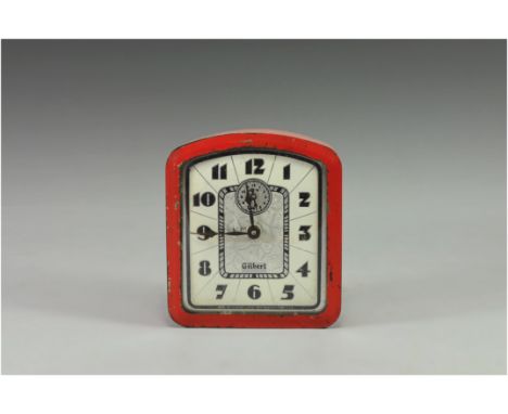 Gilbert Rare Art Deco Red Painted Metal Clock with Deco Silvered Dial. c.1930. Gilbert Factory Closed 1931. Stands 4.75 Inche