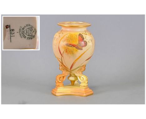 Royal China Works Worcester Hand Painted and Fine Blush Ivory Tripod Raised Vase. Decorated with Raised Images of Butterfly's