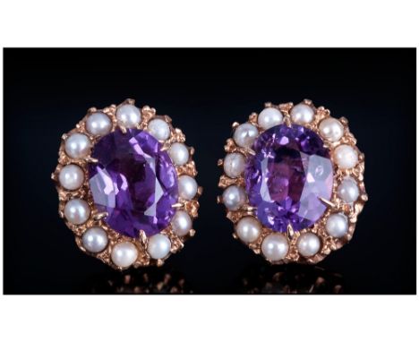 9ct Gold Amethyst & Pearl Stud Earrings, Boxed